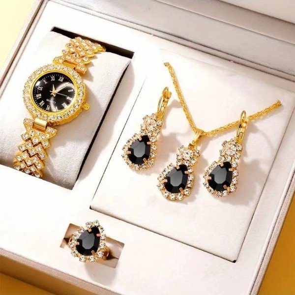 women's watch gem jewelry set 4pcs new color diamond quartz watch for women