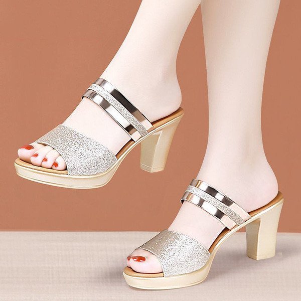 medium-heeled thick-heeled golden fish-mouthed sandals for women in summer new fashion outer wear slippers
